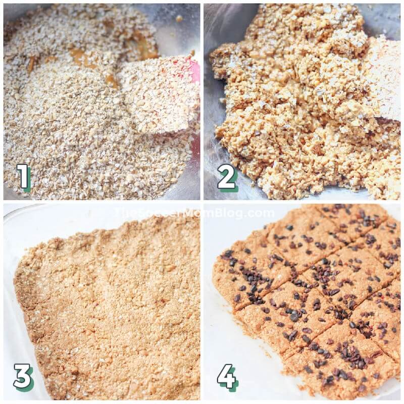 4 step photo collage showing how to make homemade granola bars