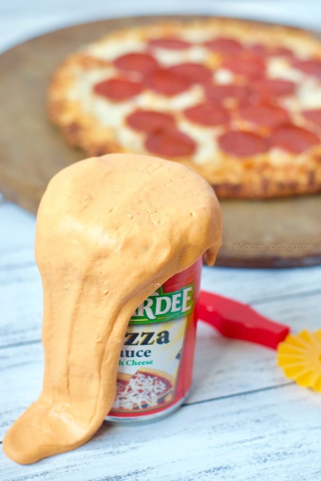 Our edible pizza slime is super stretchy and it smells like a fresh-baked pie full of sauce-y cheesy goodness. If you are a pizza fan (and most kids are, right?), then you've got to try this one!