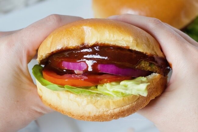 Close up of veggie burger with barbecue sauce