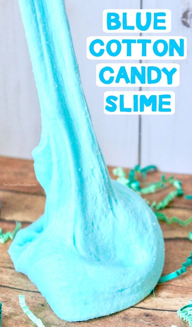 Soft, fluffy, stretchy, and smells JUST like the real thing — this blue cotton candy slime is such a fun sensory play experience! Photo step-by-step instructions inside.