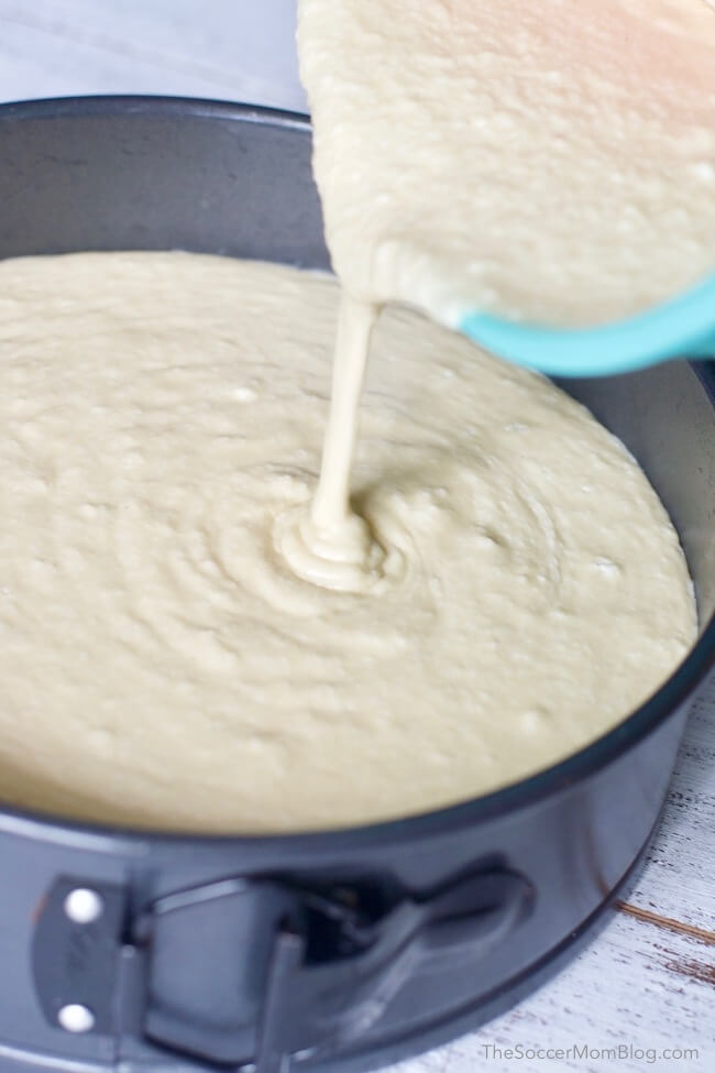 Pouring gluten free cheesecake batter into springform pan