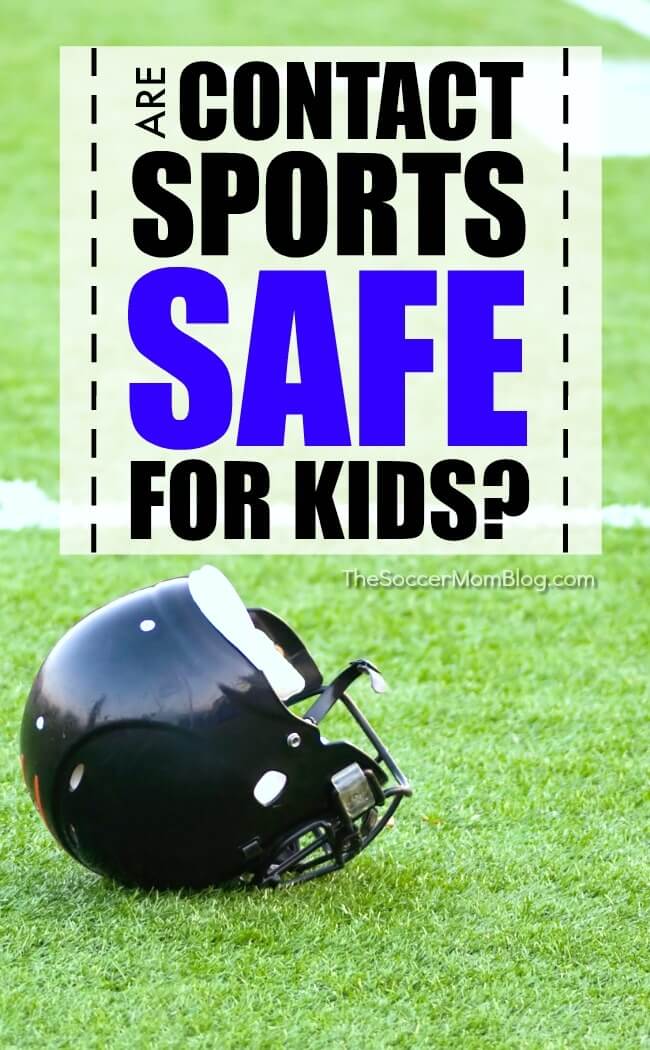 football helmet laying in grass; text overlay "Are Contact Sports Safe for Kids?"