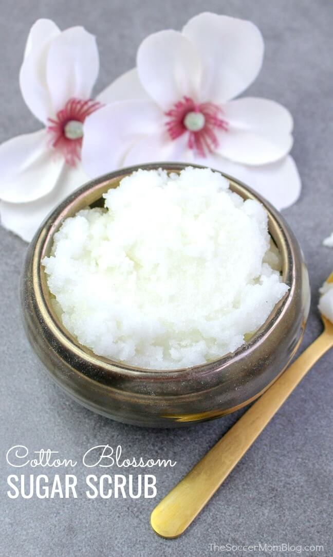 This heavenly-smelling cotton blossom homemade sugar scrub leaves your skin baby soft, and costs a fraction of the price of store-bought beauty products!
