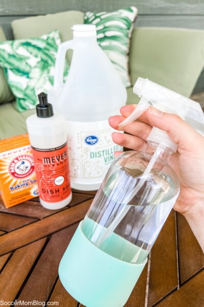 holding a spray bottle with ant killer ingredients on table