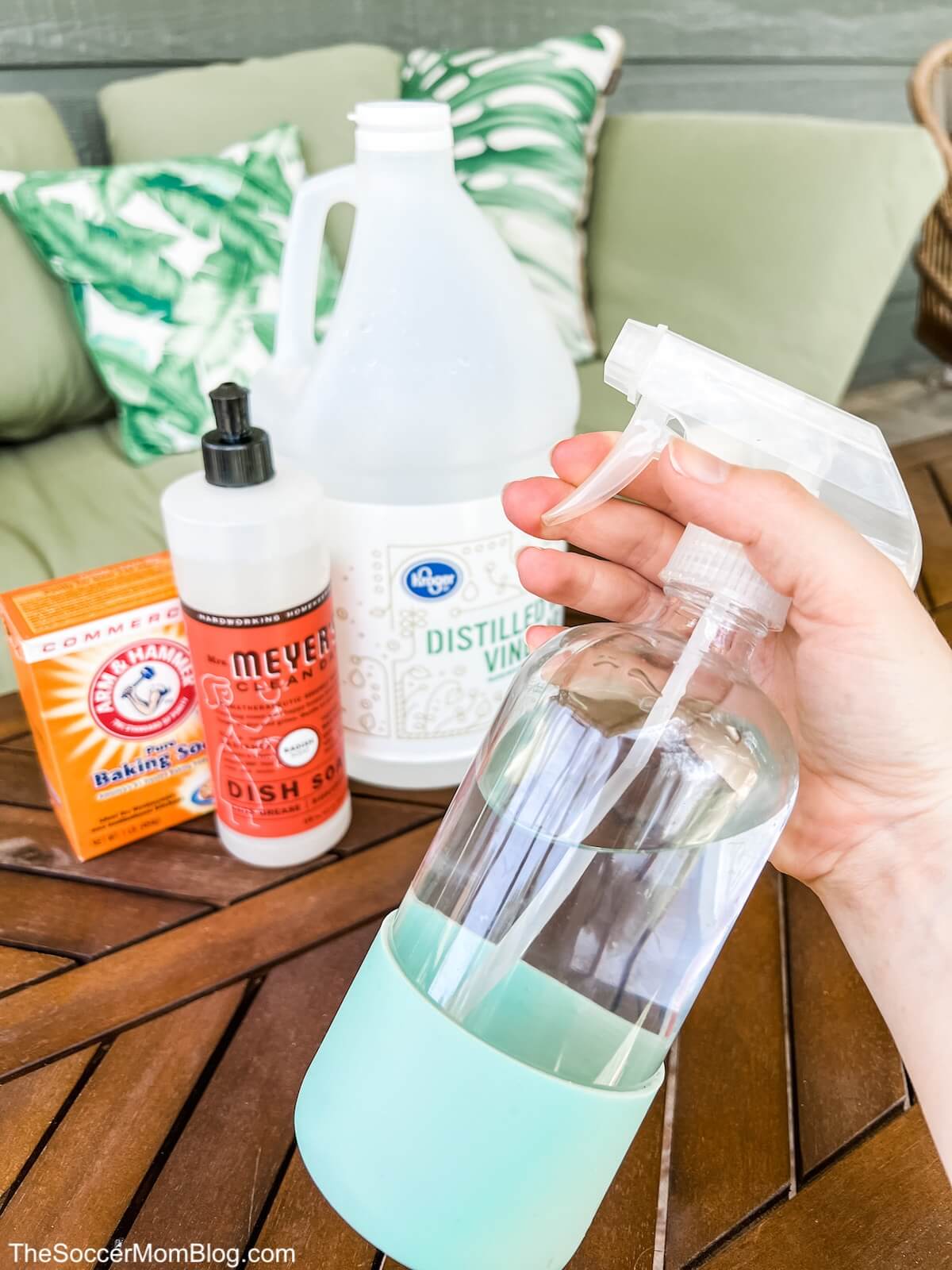 holding a spray bottle with ant killer ingredients on table
