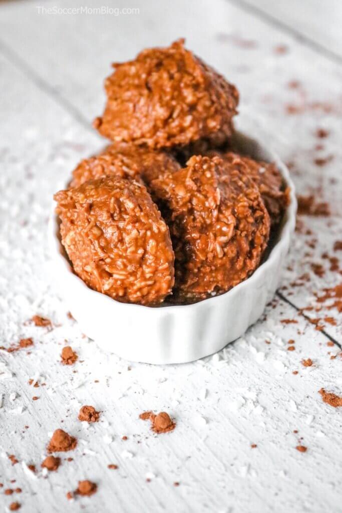 a bowl of low carb chocolate no bake cookies