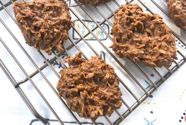 Chocolate & coconut no bake cookies on wire rack