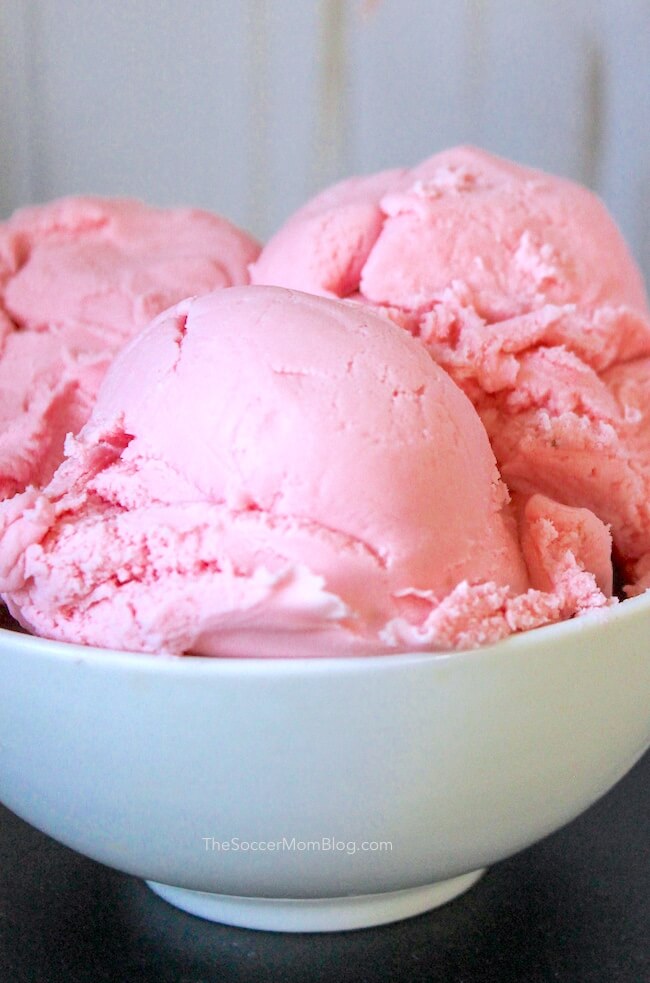 Strawberry frosting play dough in bowl - looks like ice cream scoops