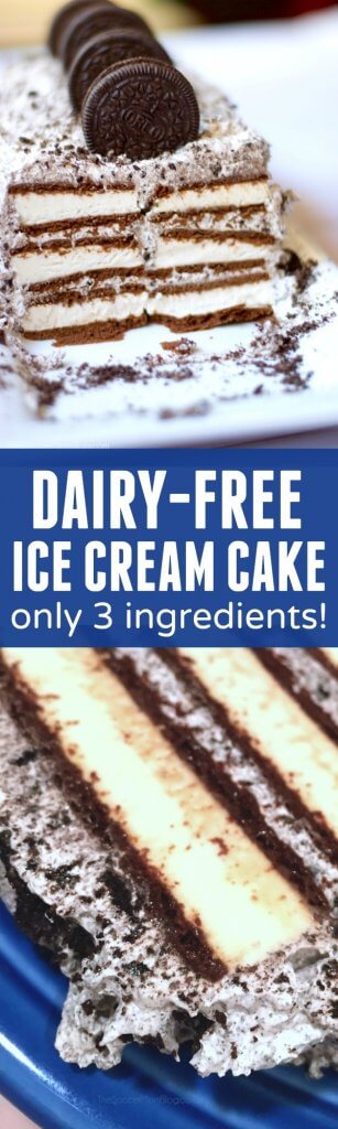 A dairy free version of the most popular recipe on my blog: Cookies & Cream Ice Cream Cake. A super-easy dairy free ice cream cake recipe that might just be even better than the "real" thing! PLUS 21 of our favorite dairy free dessert recipes so you'll never feel deprived! #dairyfree #desserts #icecream #cake #icecreamcake