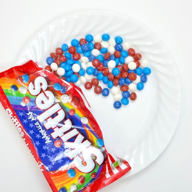 4th of July red white and blue Skittles on plate - Skittles America Mix
