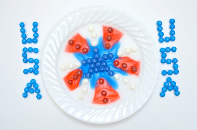 red white and blue Skittles dissolving activity