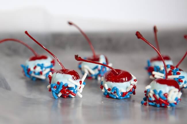 Red white and blue dipped cherries
