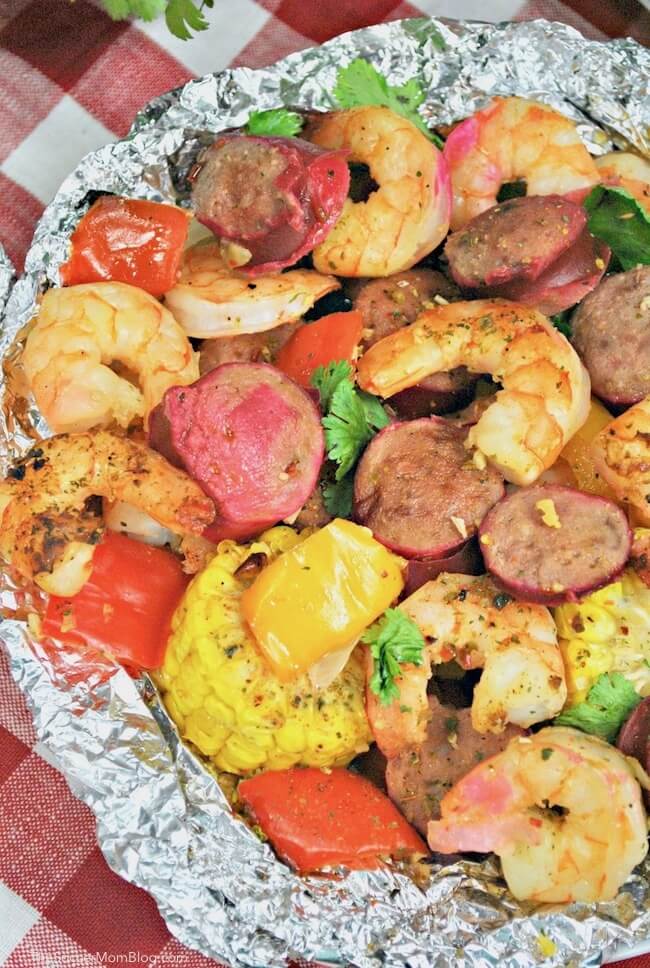 Shrimp and Cajun sausage with veggies cooked in foil