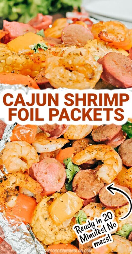 2 photo collage of cajun shrimp boil foil packets