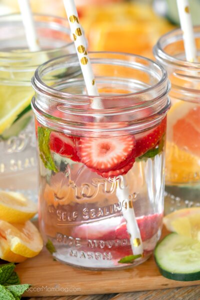 mason jar filled with strawberry infused water.