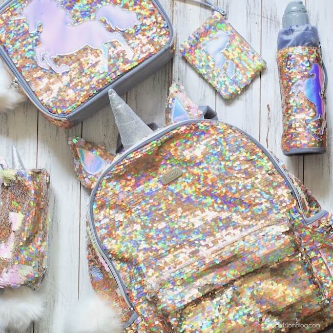 Justice Unicorn Sequin backpack with matching lunchbox & accessories