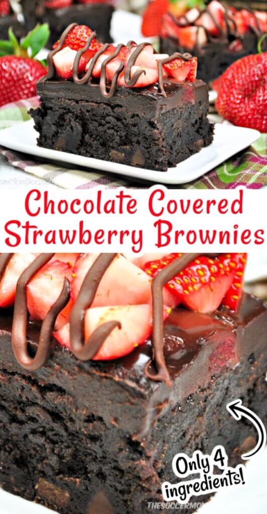 2 photo collage of chocolate brownies topped with fudge and strawberries