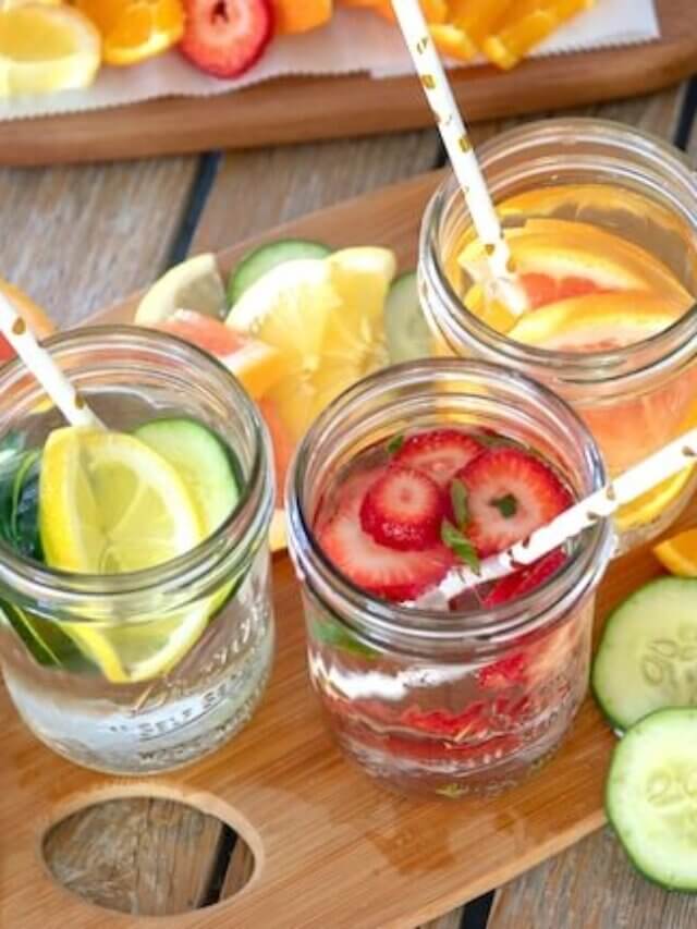 fruit infused water, 3 different types, in mason jars