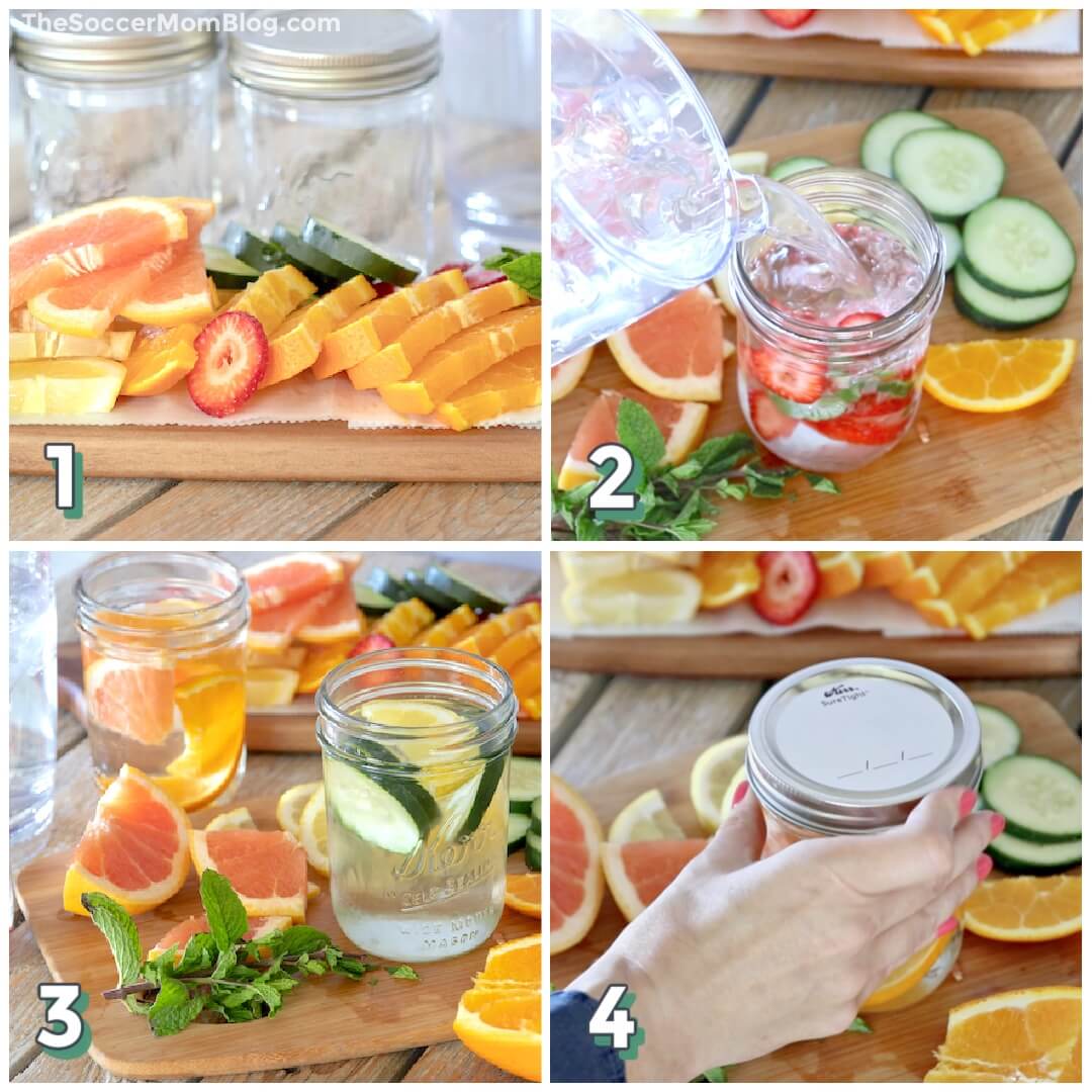 4 step photo collage showing how to make infused water.