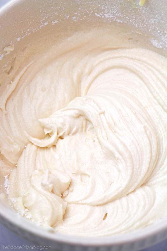 Cream cheese frosting in mixing bowl