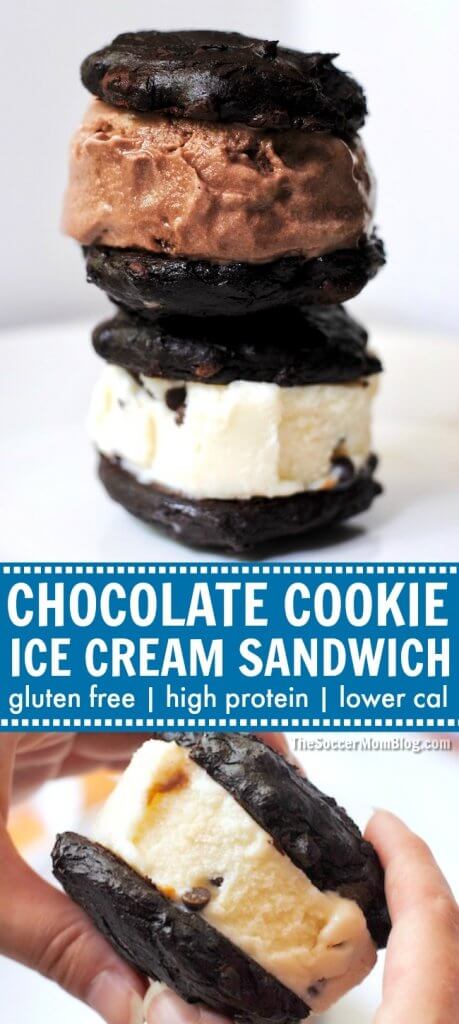 Super easy gluten free chocolate cookie ice cream sandwich - half the calories of the usual store-bought version and SO decadent!
