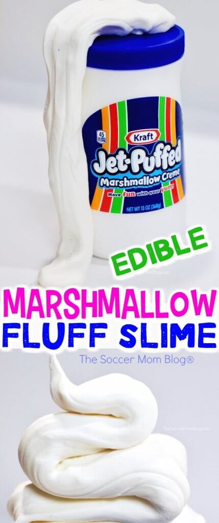 This Edible Marshmallow Fluff Slime is SUPER stretchy!! Made with 3 simple kitchen ingredients for taste-safe sensory play for kids of all ages.