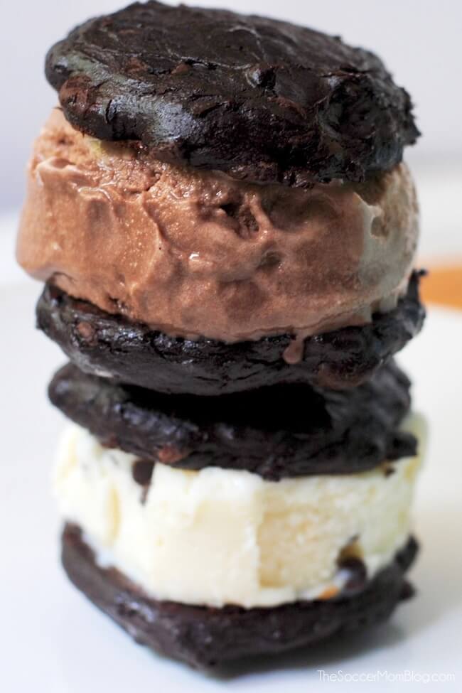 This gluten free chocolate cookie ice cream sandwich is a decadent treat with half the calories of the usual store-bought cookie ice cream sandwiches!