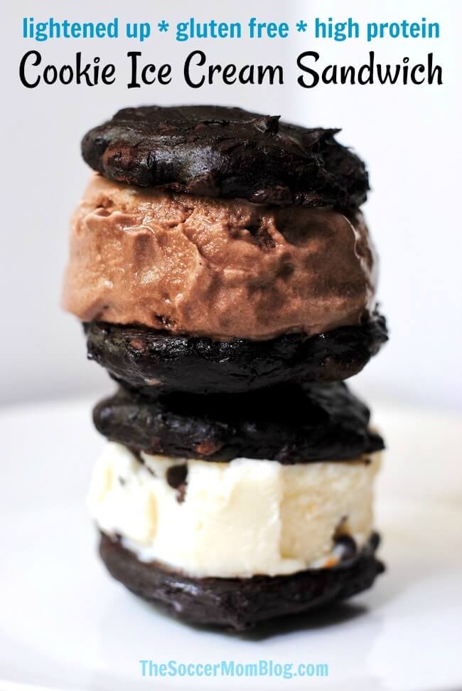 This gluten free chocolate cookie ice cream sandwich is a decadent treat with half the calories of the usual store-bought cookie ice cream sandwiches!