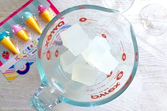 Cubes of glycerine soap base in measuring cup