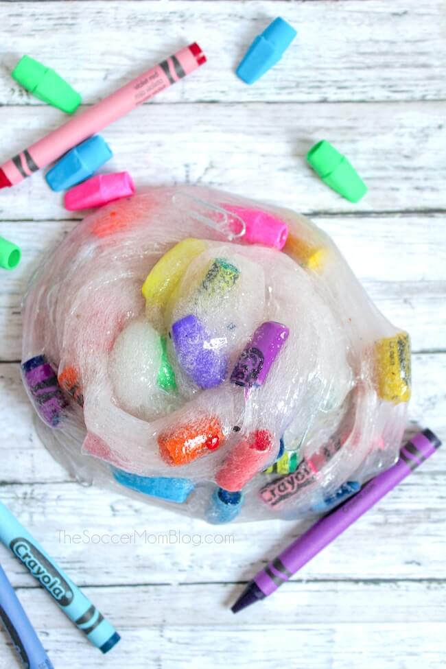 Celebrate a brand new school year with this colorful Back to School Slime recipe! A fun way to recycle old crayons and schools supplies!