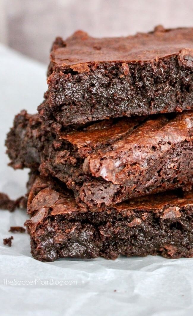 Close up of a stack of chocolate fudge brownies