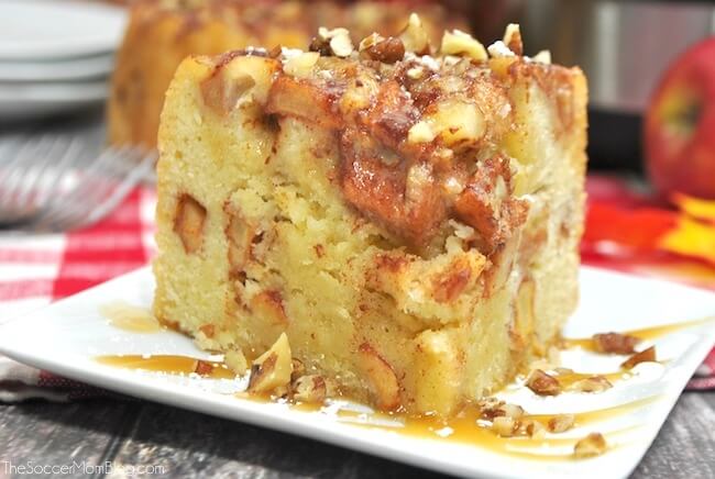 slice of apple cake with nuts and caramel