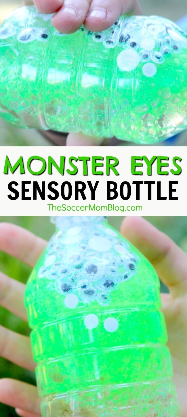 This Monster Eyes Sensory Bottle is a sparkly and spooky Halloween kids craft and calm-down tool. Click for easy tutorial and photos.