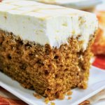 The perfect poke cake! This dreamy pumpkin poke cake is soaked with rich caramel and topped with a fluffy whipped cream cheese frosting.