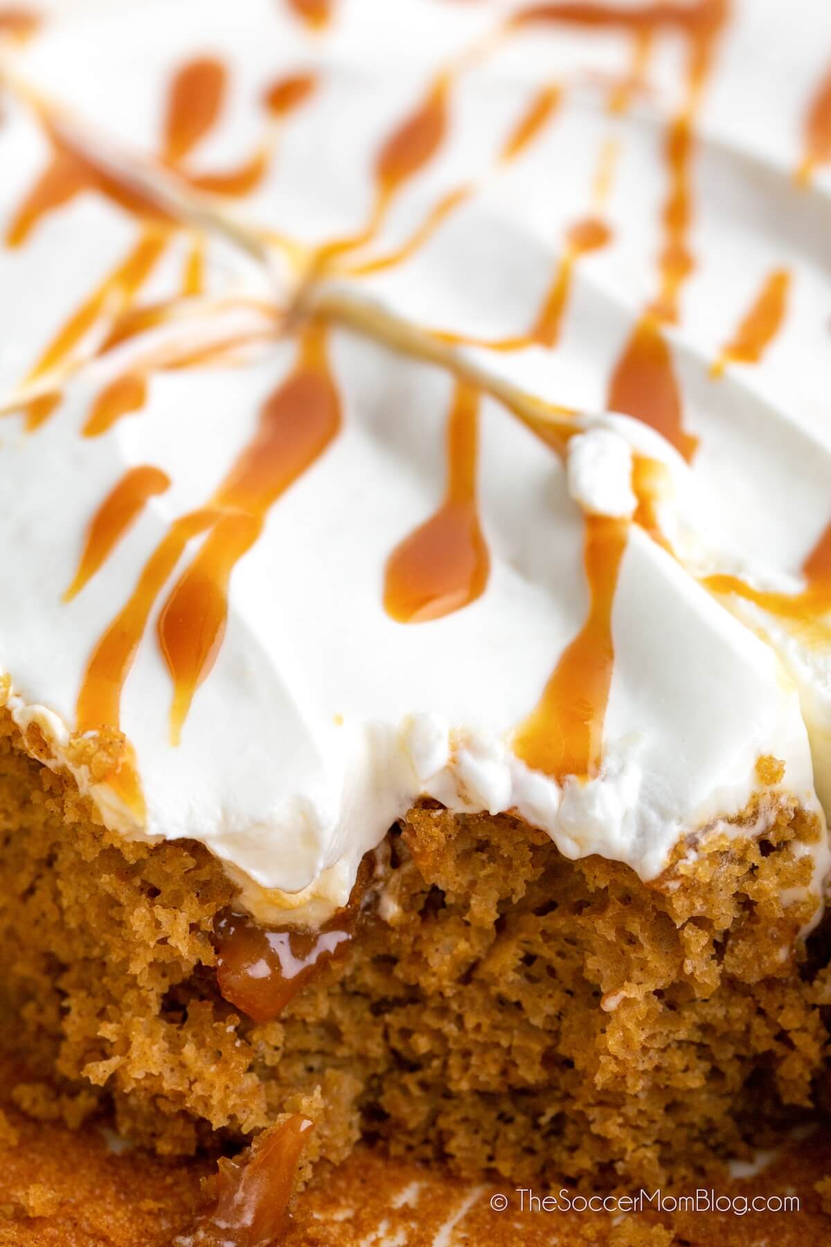 close up of pumpkin cake with whipped topping and caramel drizzle