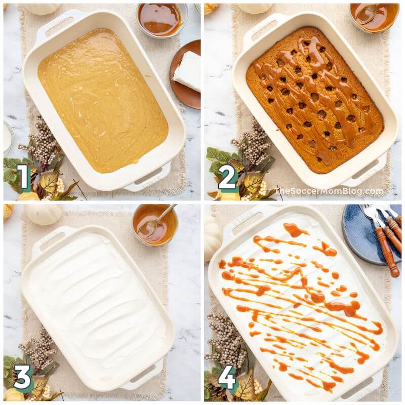 4 step photo collage showing how to make pumpkin poke cake with caramel sauce