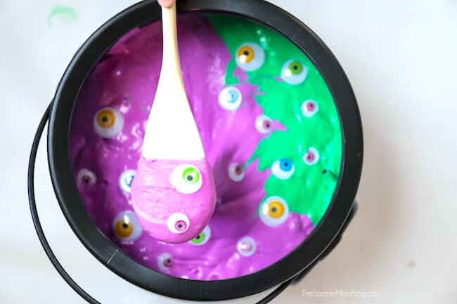 Creepy cool!! This witches brew Halloween slime is super stretchy fluffy slime filled with monster eyes.