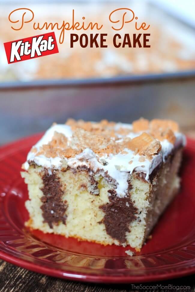 WOW!! This Pumpkin Pie Kit Kat Poke Cake is the perfect mix of chocolate, pumpkin, soft, and crunchy!