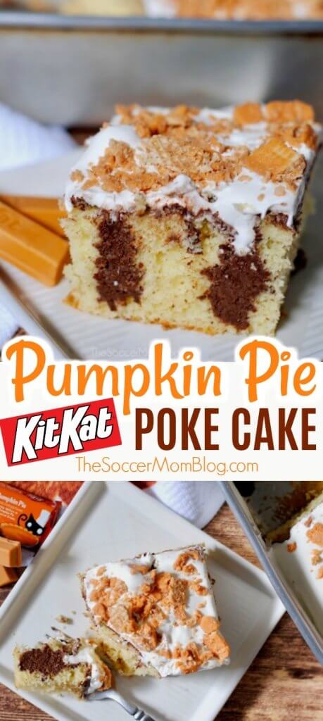 The perfect mix of chocolate, pumpkin, soft, and crunchy! This Pumpkin Pie Kit Kat Poke Cake is mouth-watering and so so deliclious!