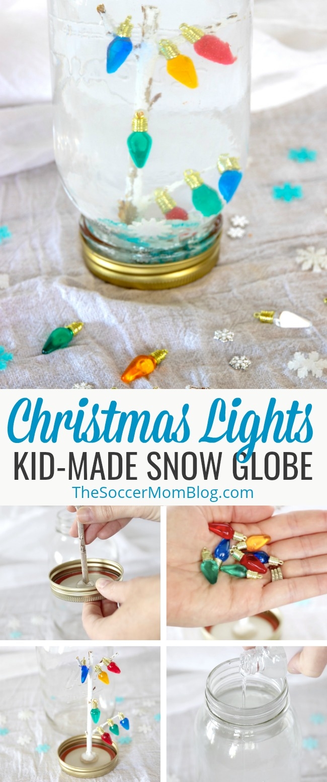 Kids will love this eye-catching Christmas Snow Globe with twinkling lights and falling snow! Click for easy video tutorial!