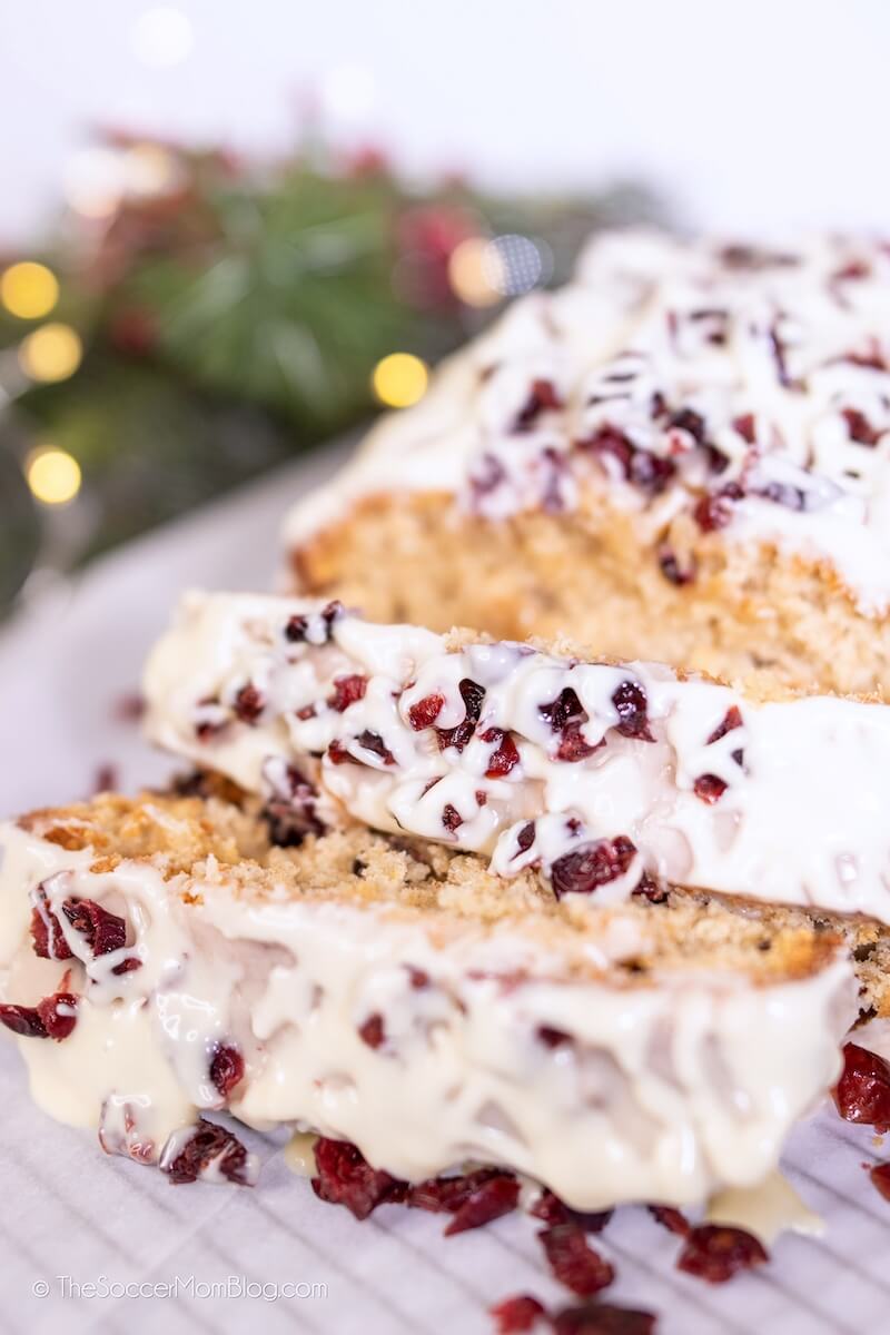 sliced cranberry bliss bread with white chocolate