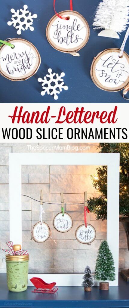 Click for easy VIDEO step-by-step tutorial to make beautiful, rustic Hand Lettered Wood Slice Christmas Ornaments. Cute holiday craft for kids & adults!
