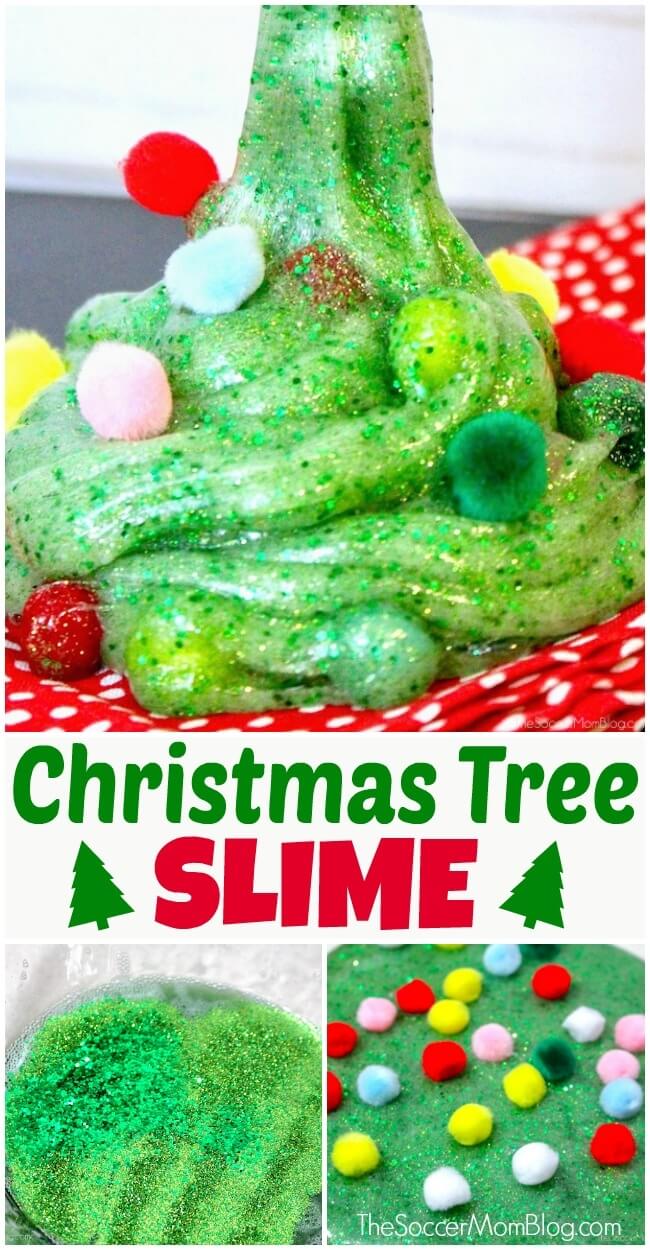 Celebrate the holidays with this lovely scented Christmas tree slime with pom pom ornaments! Click for TWO easy recipes and photo instructions!