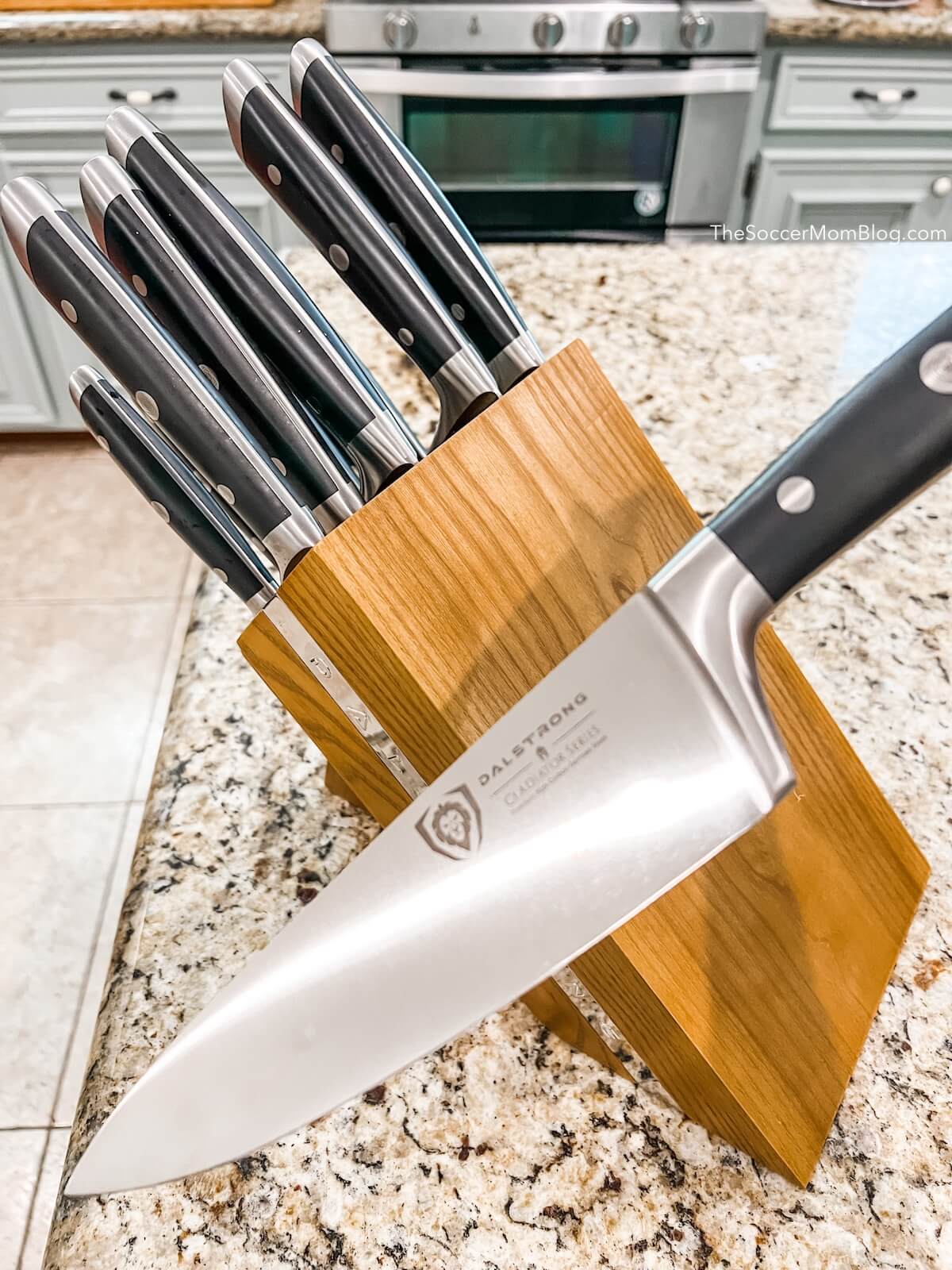 kitchen knife set with a sharp knife in front