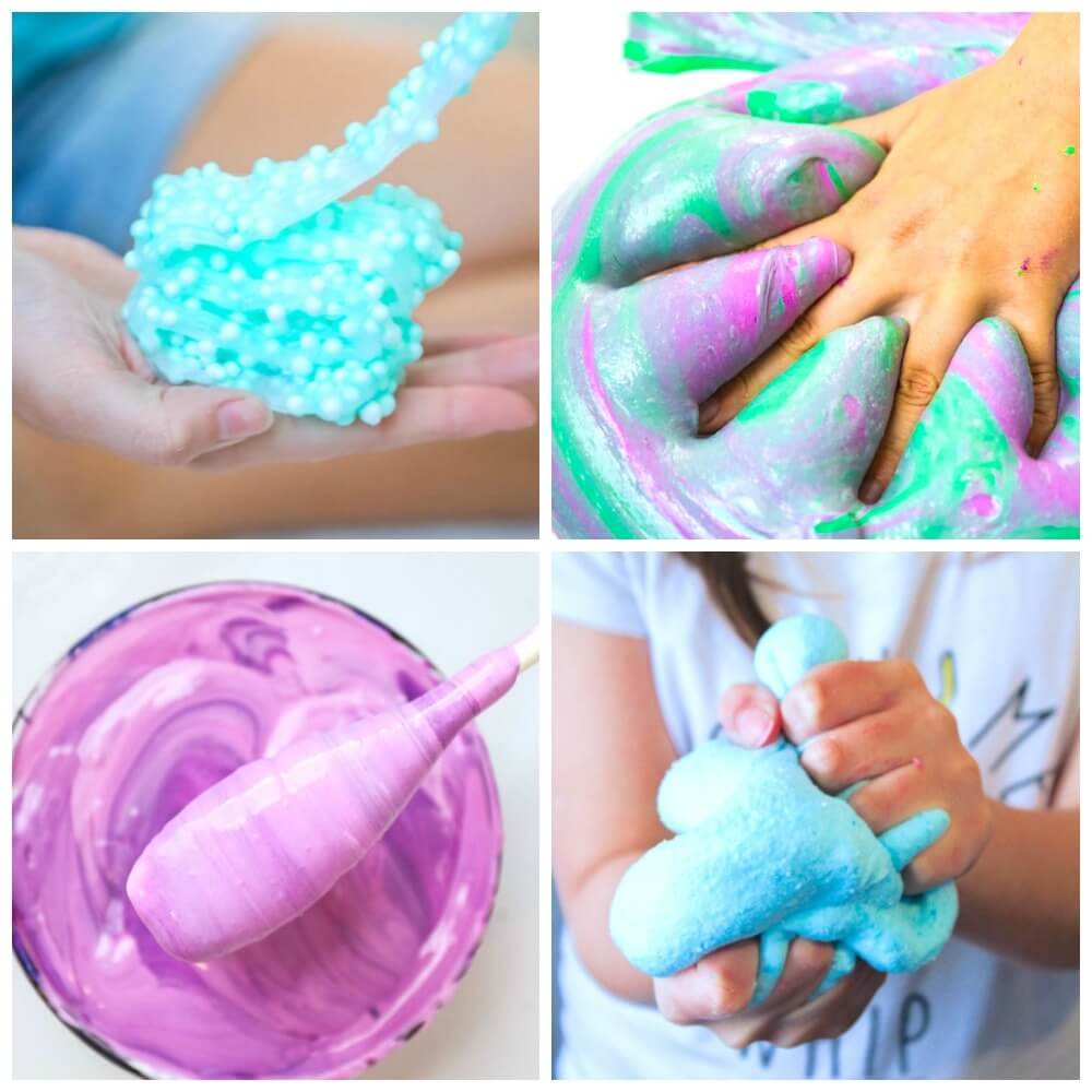 Different types of slime made using liquid starch activator