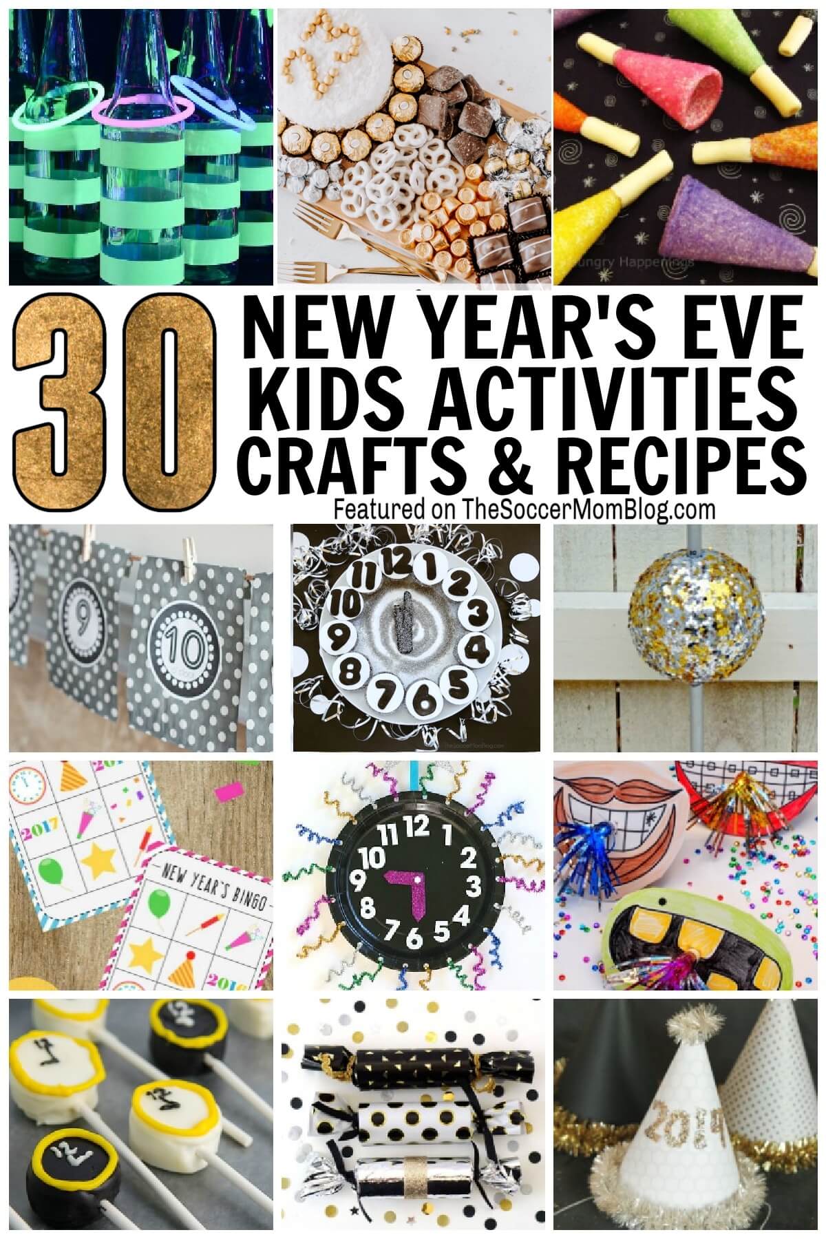 collage image showing photos of NYE crafts for kids