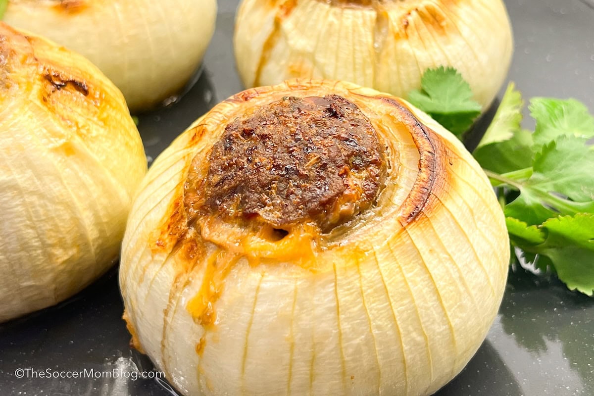 close up of keto stuffed onions.