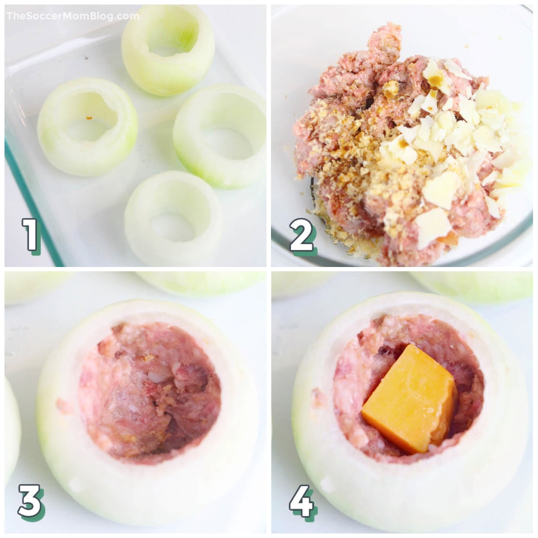 4 step photo collage showing how to make stuffed onions.