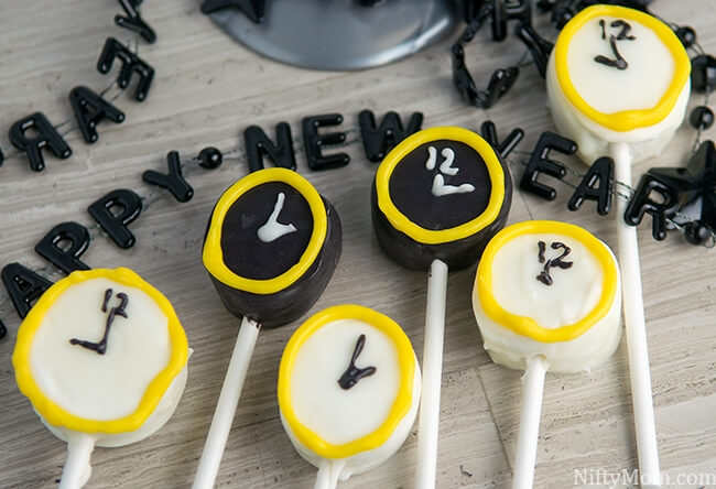 marshmallow pops frosted to look like clocks