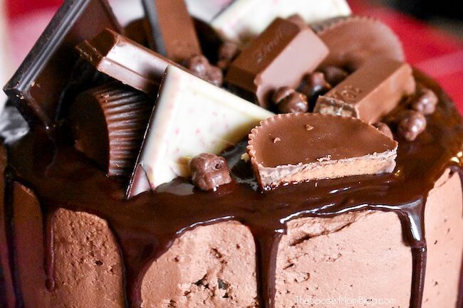 Close up of candy bars on top of chocolate cake